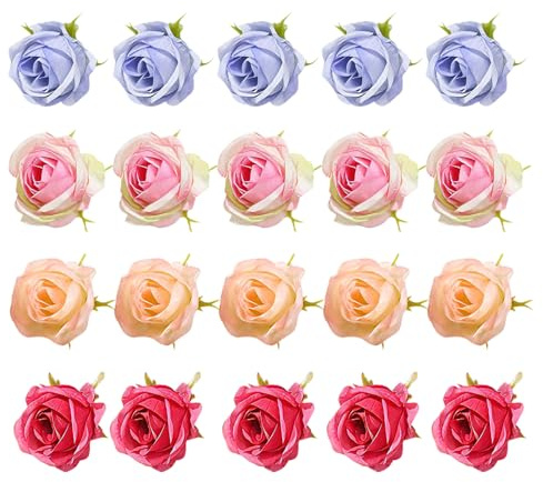EUYKQNOI 20 Piezas Cabezas de Flores de Rosas Artificiales, Pequeñas Decoraciones, Flores Secas Decoracion, Cabeza de Rosa Flor Artificial, Decoración de Boda y Fiesta DIY (4 Colores)