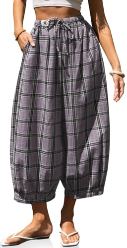 TARSE Women Cotton Linen Wide Leg Pants Plaid Loose Harem Pants Palazzo Casual Boho Summer Capri with Pockets(LightPurplePlaid,S)