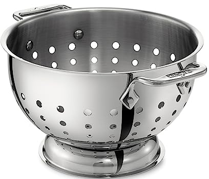 All-Clad Tools and Accessories Stainless Steel Colander 5 Quart Strainer, Pasta Strainer with Handle, Pots and Pans Silver