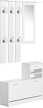 HOMCOM Hallway Furniture Set with Shoe Storage Cabinet and 6 Hooks Coat Rack, Hallway Storage Unit with Mirror, Drawer and Adjustable Shelf, White