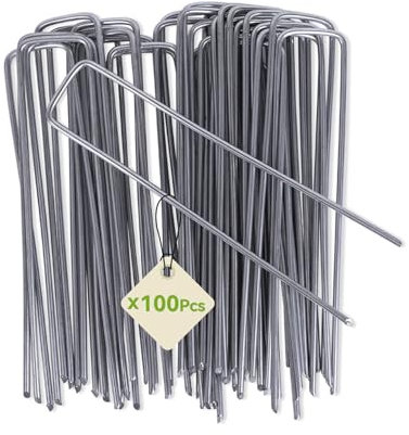 iropro Pack U Shaped Heavy Duty Weed Membrane Pegs Galvanised Steel Metal Garden Pegs for Netting Weed Control Fabric Securing Ground Staples Anti-Rust Artificial Grass Pins Silver (100, Silver)