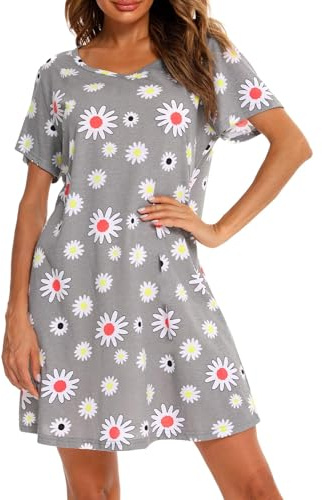 ENJOYNIGHT Camisón de Algodón de Manga Corta para Mujer Camiseta de Manga Corta Camisa de Noche Camisón de Verano Ropa de Noche (XX-Large,Flor Gris)