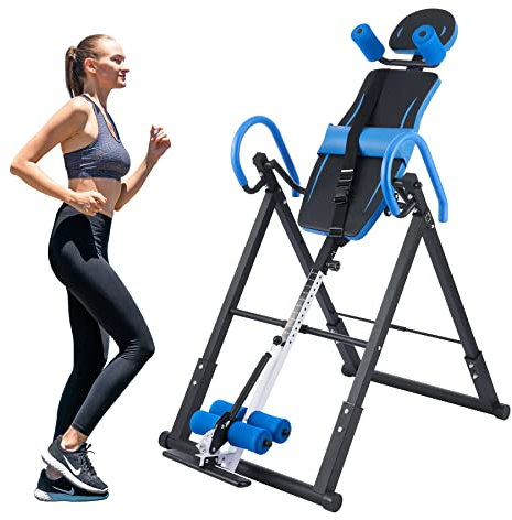 ZELUS Inversionsbank Klappbar Inversionstisch mit Verstellbarer Kopfstütze, Schutzgürtel Schwerkrafttrainer mit 4 Inversionswinkeln Multifunktionsgerät Rückentrainer 150 kg Bauchtrainer (Blau&Schwarz)