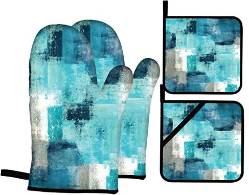 Lot de 4 maniques et maniques de cuisine - Art abstrait moderne - Gants de four et gants de four pour cuisine, pâtisserie, grillades (turquoise)