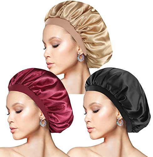 3 Stück Seidenhaube zum Schlafen, Schlafhaube Seide Elastizität Satin Haarhaube für Die Nacht Weiche Bonnet Sleep Cap für Damen(Schwarz,Rot,Gold)