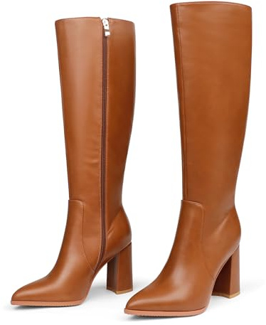COLETER Women's Knee High Boots Pointed Toe Chunky Gogo Boots Zipper Block Heeled Tall Dress Boots Matte Brown 8US
