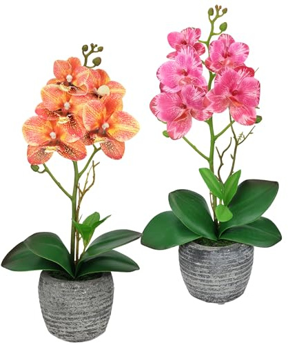 Flair Flower Planta Artificial de orquídea de 35 cm con Hojas en Maceta, orquídea Artificial, Phalaenopsis, Maceta Artificial, decoración para Boda, Flores de Seda, Color Naranja y Rosa