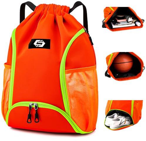 Keyck Bolsas de Cuerdas, Mochila Deportiva con Compartimento Zapatos y Bolsillo Húmedo, Grande Bolsa con Cordón, Impermeable Bolsa Deporte Mochila Fútbol Gimnasio Natacion para Hombre Mujer, Naranja