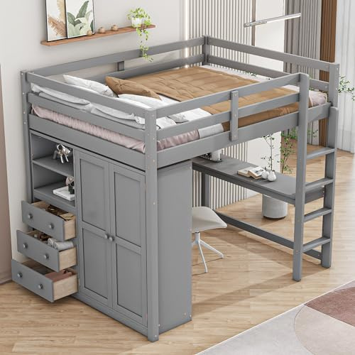 Harper & Bright Designs Full Size Loft Bed with Desk, Storage Drawers and Wardrobe, Wooden Kids Loft Bed Frame with Storage Shelves, Maximum Space Design, for Adults Boys Teens, Gray