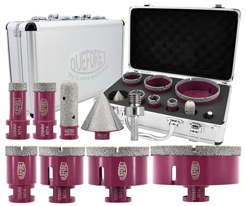QUEFORET Brocas de Diamante 9 Piezas - 6 Piezas 20/25/35/50/68/100mm x M14 Corona, 20mm Fresa, 50mm Broca de Chaflán, Aadaptador para Porcelánico Azulejos Cerámica Mármol Granito