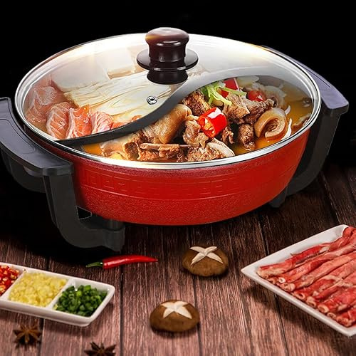 LOIRIIC Pentola elettrica per fonduta domestica da 6 l, 1300 W, con coperchio, Yin Yang, pentola per fonduta cinese, piano di lavoro da cucina, rosso, YYQDXQ-4052