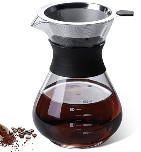 GOMETY Pour Over Kaffeebereiter, 600 ml Borosilikat Glaskanne mit doppelschichtigem Edelstahlfilter, Permanentfilter, Kaffeedrip-Brauer, Glas Kaffeebereiter Schwarz