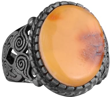KAMBO Anello da uomo in vera ambra naturale, in argento Sterling 925, unico anello da uomo, design artigianale a forma di gufo, pietra preziosa d'argento, ambra, Pietra preziosa d'argento, Ambra
