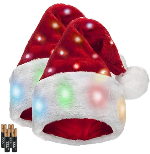 Miloll Christmas Hats Adult - 2 Pcs LED Plush Santa Hat with Classic Fur Trim, Light Up Santa Hat for New Year Christmas Holiday Party and Festive Events