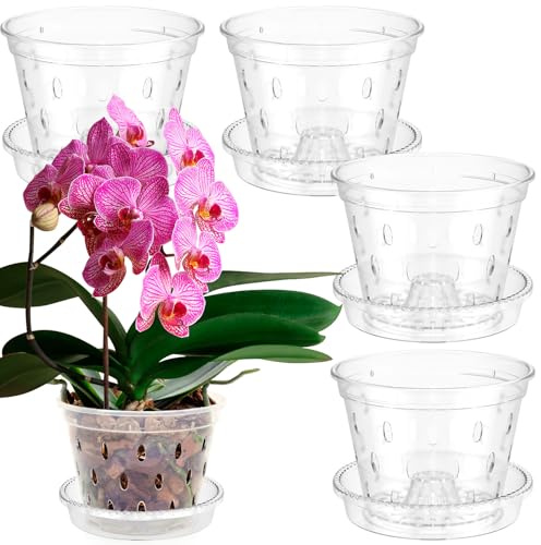 RHAIQBVC Clear Orchid Pot, 5Pcs Plastic Plant Pots with Holes and Saucers, Sturdy Breathable Flower Plant Pot, House Plant Pots Nursery Pots for Orchid Repotting Kit(M)