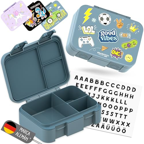 BEARFOOT Bento-låda COMPACT | BPA-fri snackslåda för barn till skolan och förskolan | Läcksäker lunchlåda för flickor och pojkar (blå klistermärke, 650 ml)