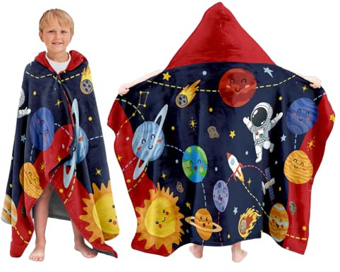 JOPJOLIW Kids Hooded Bath Towel Toddler Beach Towel with Hood, Space Theme Boys Girls Hooded Towels, 30X50 Soft Absorbent Wearable Poncho Towel Perfect for Kids Pool Beach Bath Swimming