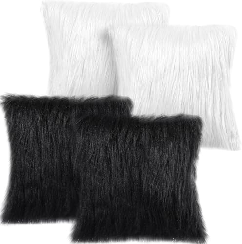 Irenare 4 Pack Faux Fur Throw Pillow Covers Square Cushion Cover Fuzzy Pillow Case Soft Decorative Pillowcase for Sofa, Couch, Chair, Bed, 16 x 16 Inch (Black, White)