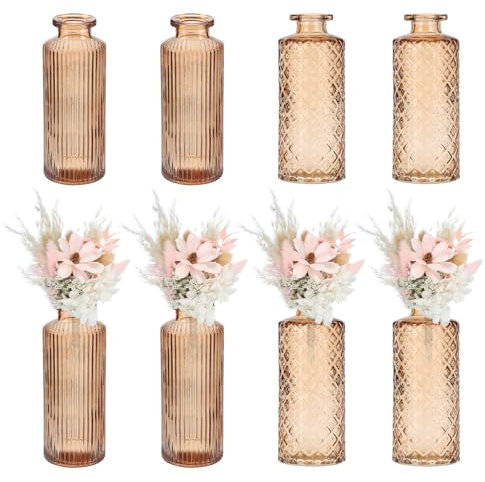 sourcing map Amber Glass Bud Vase Set of 8, Small Flower Vases for Centerpiece, Ribbed/Relief Vintage Clear Mini Vases in Bulk Assorted for Rustic Wedding Floral Party Home Table Decor