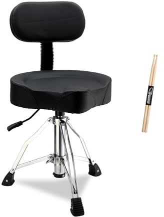 Piler Drum Throne with Backrest | Heavy Duty Hydraulic Adjustable Stool, Saddle Seat & Bonus Drumsticks (Black)​​