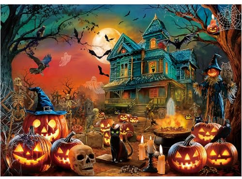 Bestdon Puzzle 1000 Teile für Erwachsene, Halloween-Albtraum-Puzzlespiele, Gruseliges Geister-Puzzle mit Kürbislaternen, Spukhaus und Kürbissen, Perfektes