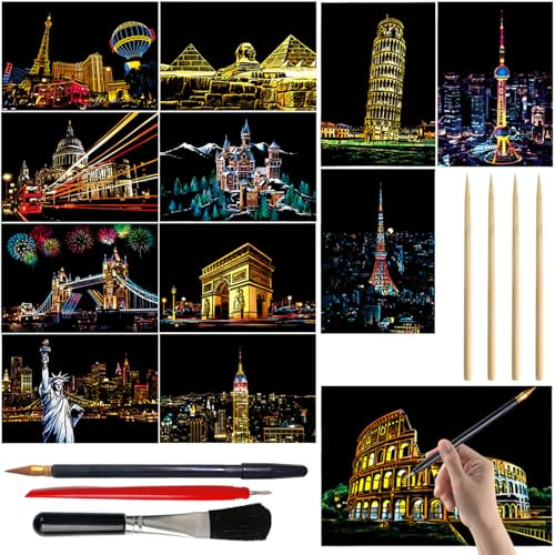 VLYX Lot de 12 pièces d'art à gratter pour adultes et enfants, art en feuille pour adultes avec outils, série ville (format A5)