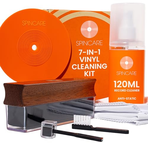 SPINCARE Kit Pulizia Vinili 7-in-1 pulisci Vinile | Spazzola Velvet con Manico in Legno e Coperture Antipolvere | Soluzione 120ml | Spazzola per Puntina | Protezione Etichetta | Panni in Microfibra