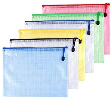 6pcs Chemise Paquet Portefeuille Pochette en PVC Zip Document Dossier/PVC School Office Magazine Document File Zippy Closure Folder Holder Bag-Noir,Bleu,Blanc,Juane,Vert,Rouge-A3