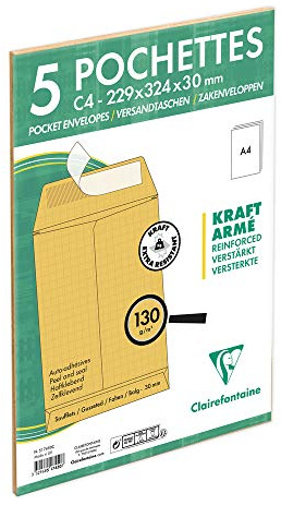 Clairefontaine 517450C - Paquet de 5 Pochettes Kraft Armé Brun C4-229x324 mm avec Soufflet de 30 mm - Auto-Adhésives - 130g/m²