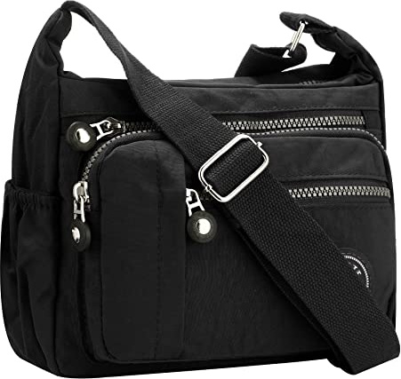 Womens Multi Pocket Casual Cross Body Bag Travel Bag Messenger Handbag for Shopping Hiking Daily Use (Black)(Size: One Size)