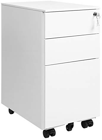 SONGMICS Rollcontainer, unter Schreibtisch, mit 3 Schublade, vormontiert, abschließbarer Büroschrank mit Hängeregistratur, für Akten, Dokumente, Schreibwaren, 45 x 30 x 60 cm, weiß OFC031W01