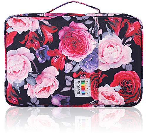 Shulaner 300 Slot Colouring Pencil Case with Handle, Holds 300 Pencils or 200 Gel Pens with Zipper Closure Large Capacity Nylon Pen Organizer Bag for Women - Red and Pink Rose