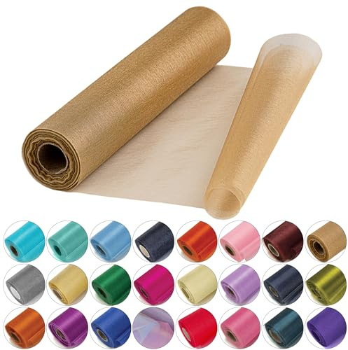 29cm x 25m Roll of Organza Sheer Fabric - Elegant Decorative Cloth for Wedding Chair Bows, Table Runners, Party Favours - Crafting Supplies for Ribbons, Dress Accents,and Bags, Champagne Gold