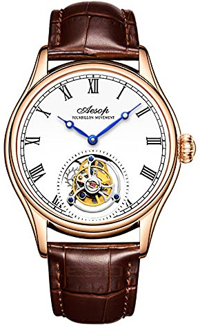 Aesop Men Mechanical Tourbillon Watches Hand Wind Sapphire Stainless Steel Skeleton Wrist Watches 50M Waterproof Luxury Business Watch with Genuine Leather Strap(Rose Gold and Brown)