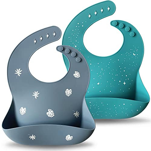 Moonkie Silikon Lätzchen Baby 2er-Set, BPA-frei Abwaschbar Baby Lätzchen Wasserdicht Weich Langlebig Verstellbare Silikon Lätzchen für Babys und Kleinkinder (Tradewinds/Teal)