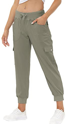 JINSHI Pantalons Femme Cargo Long Travail Pantalon Jogging Taille Haute avec Poches Gris Kaki M