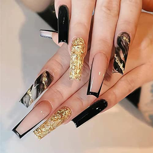 Luvadeyo 24 Stück Künstliche Nägel Lange Weiß Falsche Nägel Ballerina Acrylic natürlich Drücken auf den Nägeln Full Cover für Frauen(schwarzes Gold Schwarz)