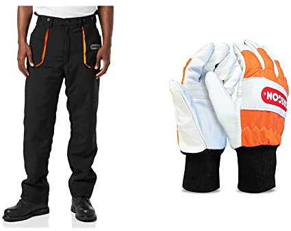 Oregon Yukon Chainsaw Protective Trousers & Chainsaw Gloves, Left-Hand Protection, PPE Clothing, Pair of Professional Chainsaw Protective Gloves, High Visibility, Leather, Orange – Large (Size 10)
