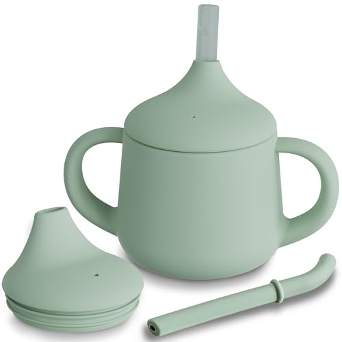 Moonkie Bicchiere 3-Step Antigoccia con Cannuccia e Manici in Silicone, Senza BPA, Lavabile in Lavastoviglie – Tazza Neonato 120 ml (Verde Grigio)