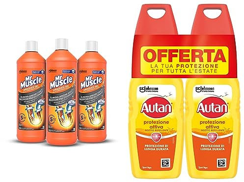 Mr Muscle Idraulico Gel, Disgorgante per Tubi e Scarichi, SICURO PER I TUBI & Autan Protezione Attiva Vapo Bipacco, Spray Antizanzare Comuni e Tigre, Insetto Repellente