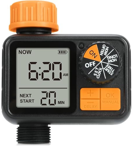 SOGUYI Wasserzeitschaltuhr Garten, Bewässerungscomputer für Gartenschlauch, Wasserhahn-Timer, programmierbarer Bewässerungstimer mit Regenverzögerung/manuellem Bewässerungssystem, 1 Ausgang