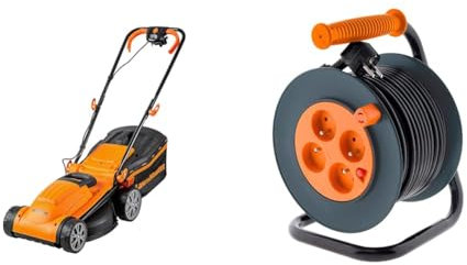 LawnMaster MEB1434M Tondeuse et tracteurs 1400W 34cm, 6 Hauteurs Réglable 20-70mm, 32L Bac de Ramassage 2 Ans de Garantie & Zenitech Enrouleur 4 Prises HO5VV-F 3G1mm² 25m + Coupe-Circuit, Noir/Orange