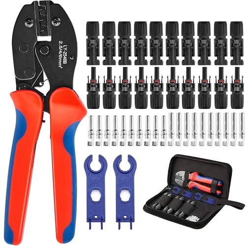 FIISAYL Crimpadora Terminales Solar para Cables PV de 2,5/4/6 mm², Prensa Terminales, 10 pares Conectores PV, 10 pares Conectores Macho/Hembra, 2 Llaves, Para el Montaje de Cables de Paneles Solares