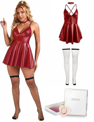 ohmydear Abito Donna in Ecopelle Lucida – Vestito Corto A-Line Scollo a V con Halter – Clubwear Elegante per Feste e Discoteche – Intimo Taglie Forti S-4XL – Confezione Regalo Inclusa