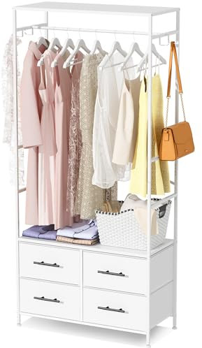 MYGIIVOVO Offener Kleiderschrank, Kleiderstange mit Schubladen für Schlafzimmer, mit 4 weißen Stoffschubladen, 4 Seitenhaken und Metallrahmen, 30D x 80B x 172H cm