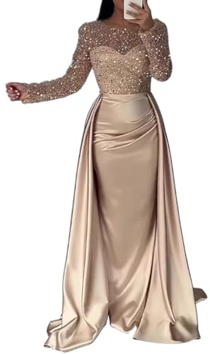 Minetom Femme Paillettes Robe de Soirée Elégante Col Rond Manches Longues Maxi Robe Longue Cérémonie Cocktail Mariage Fête Robes A Or S