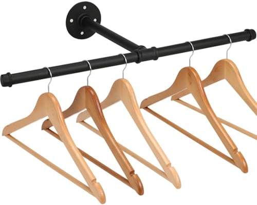 Cast Iron Wall Mounted Clothes Rack, T Shaped Industrial Pipe Clothing Bar for Hanging Clothes, Garment Racks for Closet Organizers, Heavy Duty Hanger Pole Closet Rod 21 Inch (Black, 1 Pack)