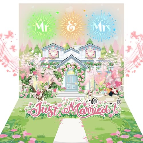DTESL Wedding Card，wedding gifts，With firework light and music，3D pop-up Wedding card for Bride and Groom with Money Holder for Cash Gift ，bridal shower card with Envelope (White-Mr & Mrs)