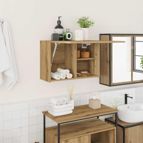 HaoChrymec Mobile Bagno Pensile Artisan Rovere in Legno, Design Salvaspazio con Anta a Molla, Armadietto Medicinali, Pensile Sospeso per Bagno e Cucina, 60x25x40 cm