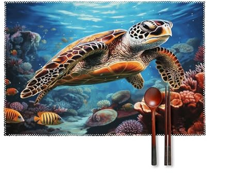 Sea Turtles Diamond Painting Placemats Set of 4 Non-Slip Washable Table Mats Wipeable Heat Resistant Table Mat Outdoor Place Mat Waterproof Oil-Proof Table Mats Canvas Placemats